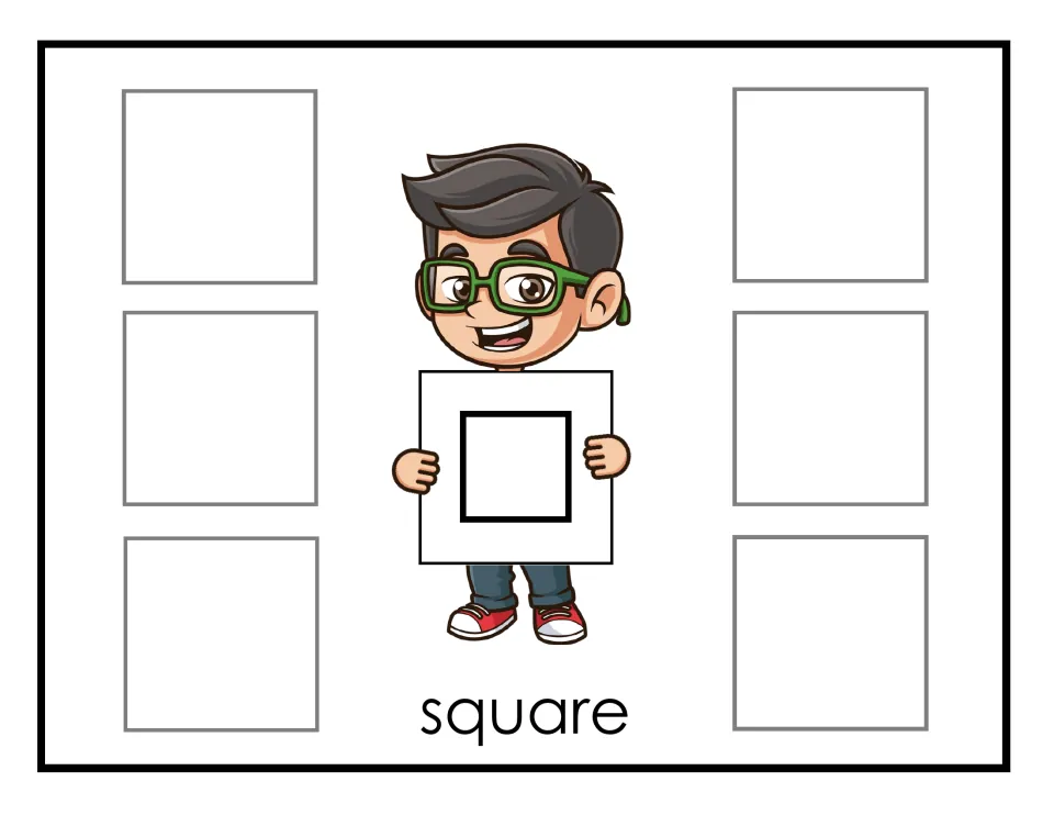 Square sorting mat: the boy shows an outlined square, and students sort six square cards onto the spaces around him
