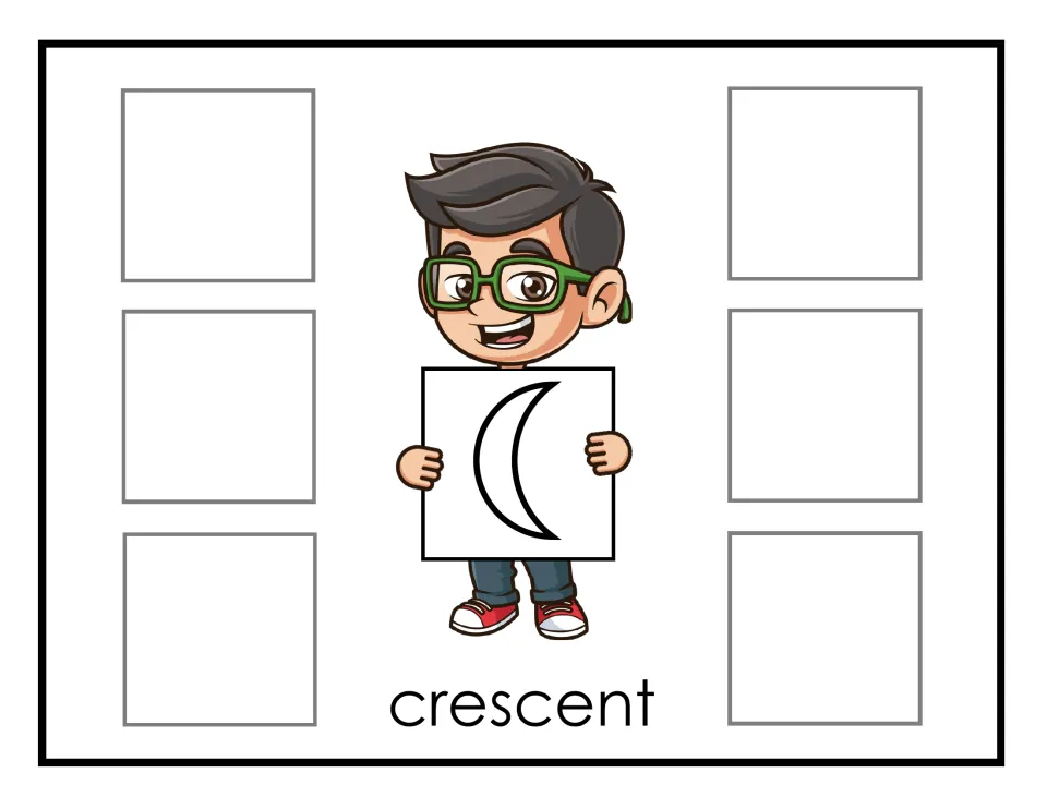 Crescent sorting mat: students match six crescent moon cards to the outlined crescent the boy holds, sorting by shape