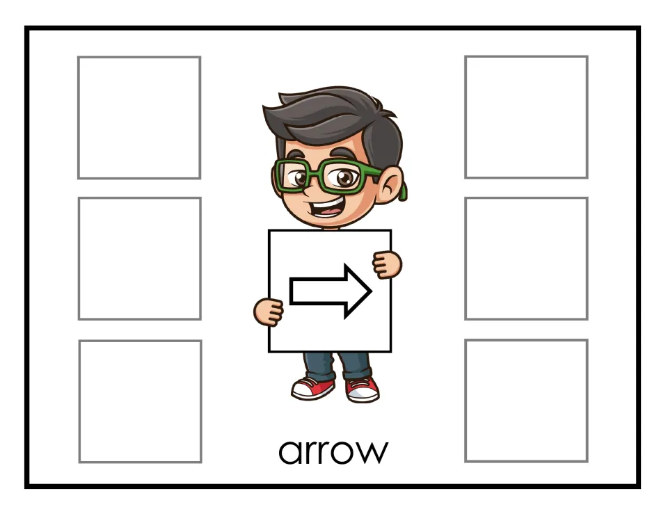 Arrow sorting mat: the boy holds a right-pointing arrow outline, and students sort six arrow cards onto the mat