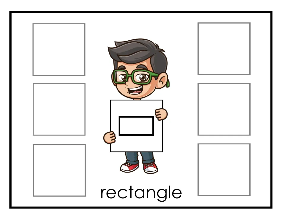 Rectangle sorting mat: students place six rectangle cards beside the boy, who shows a rectangle to match by shape