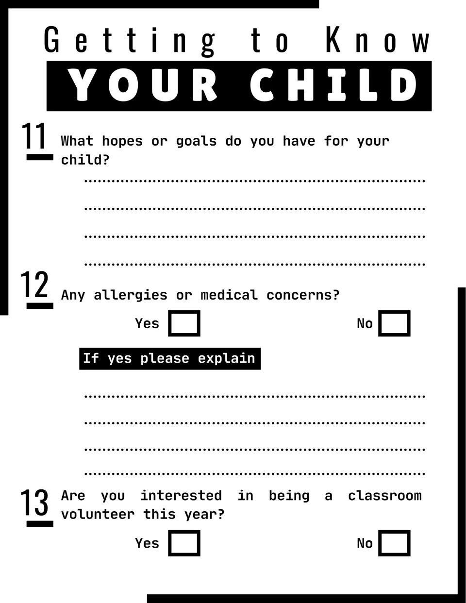 Parent questions 11 to 13: hopes and goals for the child, allergies or medical concerns, and classroom volunteering