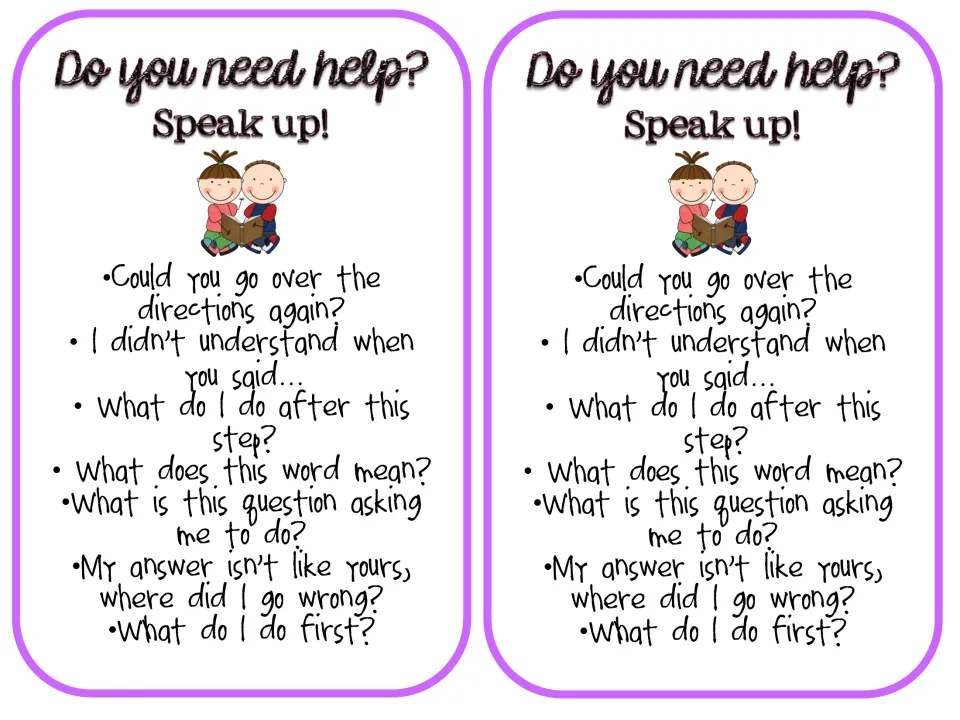 Asking for help: two Speak up! cards list question starters like What does this word mean? and What do I do first?