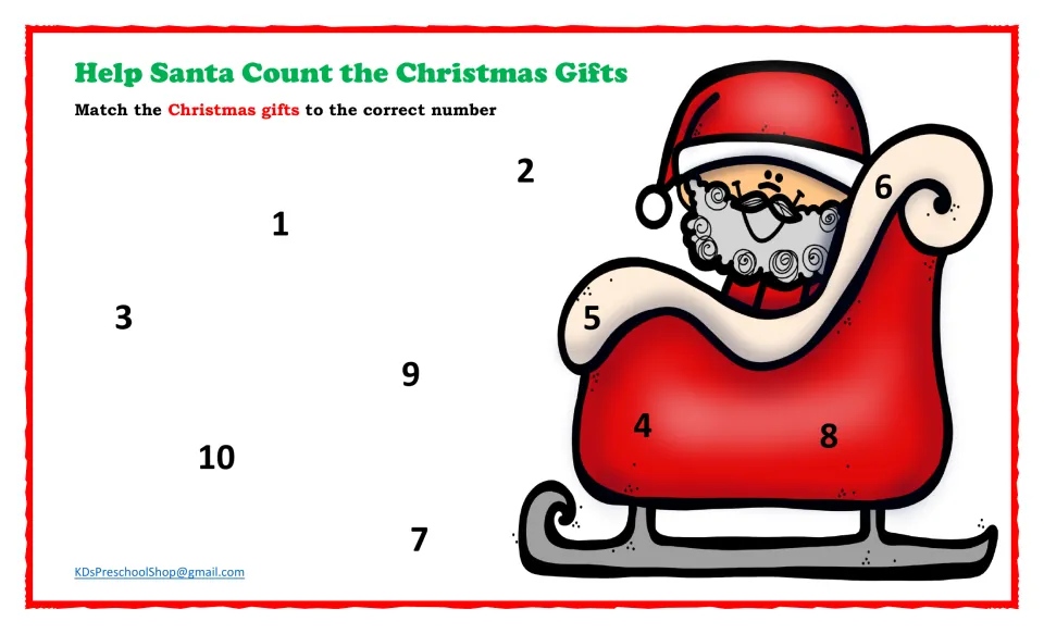 Christmas gift matching sheet with numbers 1–10 and the direction to match gifts to the correct number
