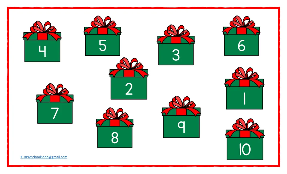Ten Christmas gift cutouts labeled 1–10, used to match the numbers on the accompanying Santa sheet