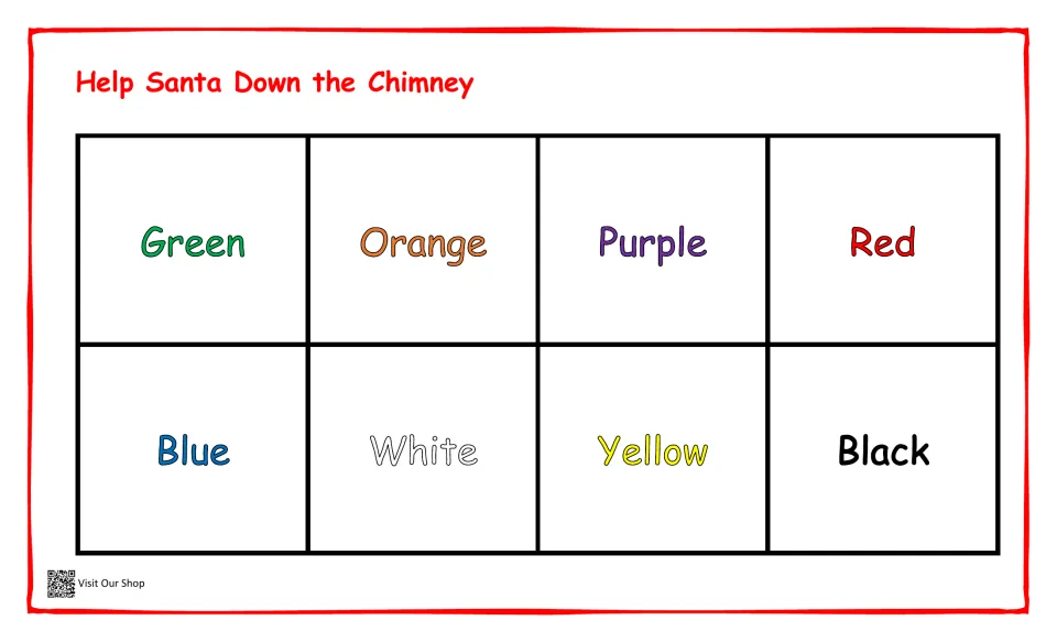 Color matching page: green, orange, purple, red, blue, white, yellow, and black words for chimney cutouts