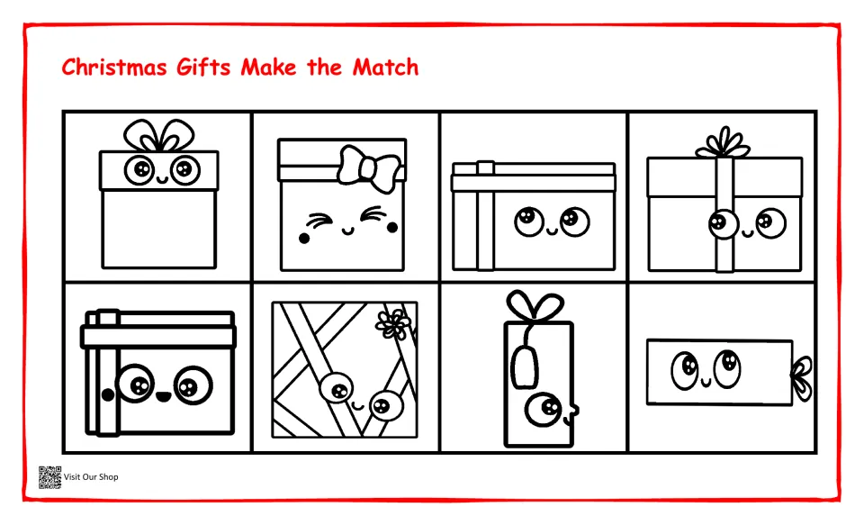 Christmas gift matching page featuring eight black-and-white presents to pair with colored gift cutouts