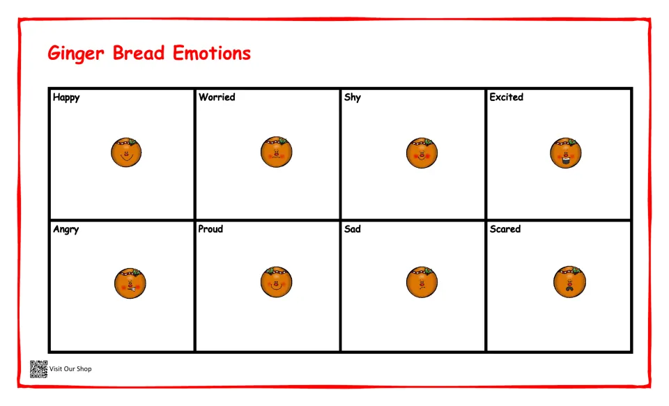 Gingerbread emotion matching page: happy, worried, shy, excited, angry, proud, sad, and scared faces