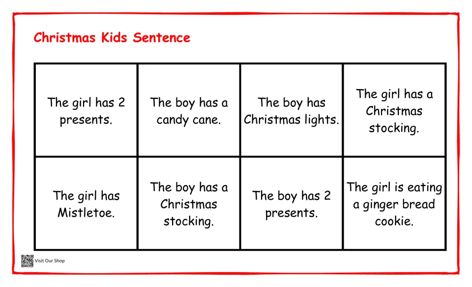 Christmas sentence matching page: eight statements about children with presents, candy, and holiday items