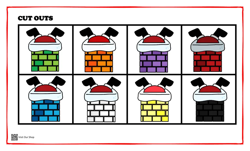 Eight Santa chimney cutouts for matching green, orange, purple, red, blue, white, yellow, and black