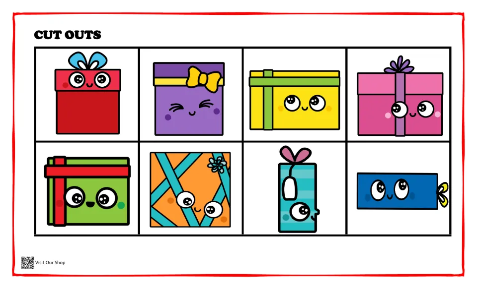Eight colored Christmas present cutouts with varied ribbons and shapes for matching the outlined gifts