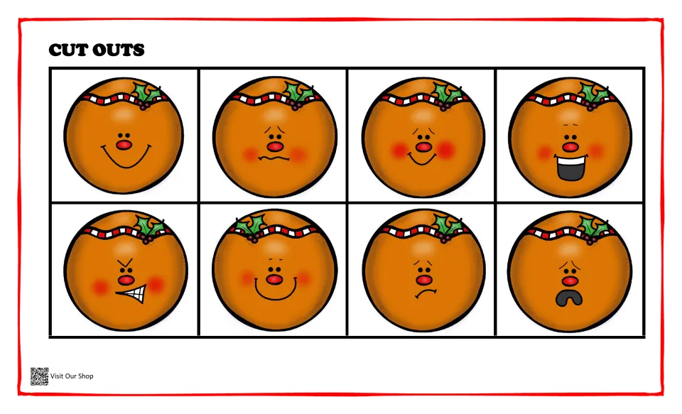 Eight gingerbread face cutouts for matching happy, worried, shy, excited, angry, proud, sad, and scared