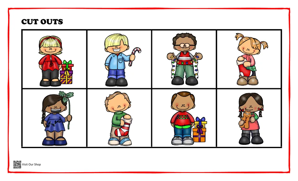 Eight Christmas kid cutouts for sentence matching, showing presents, stockings, lights, and other items