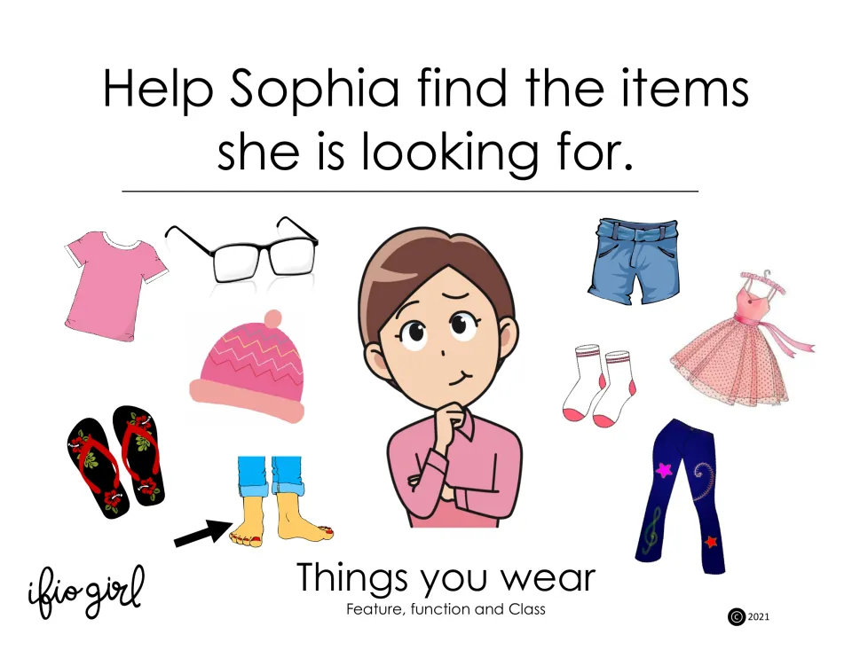 Things you wear cover: Sophia thinks among clothing pictures, glasses and bare feet; a feature, function and class set