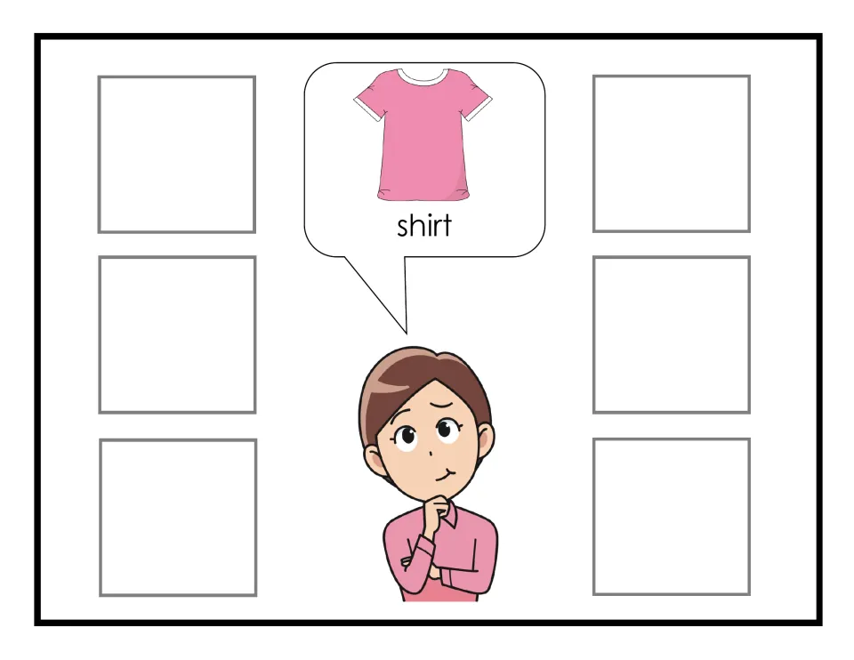 Shirt request: Sophia asks for a pink short-sleeved shirt in a speech bubble; students find pictures to fill six spots
