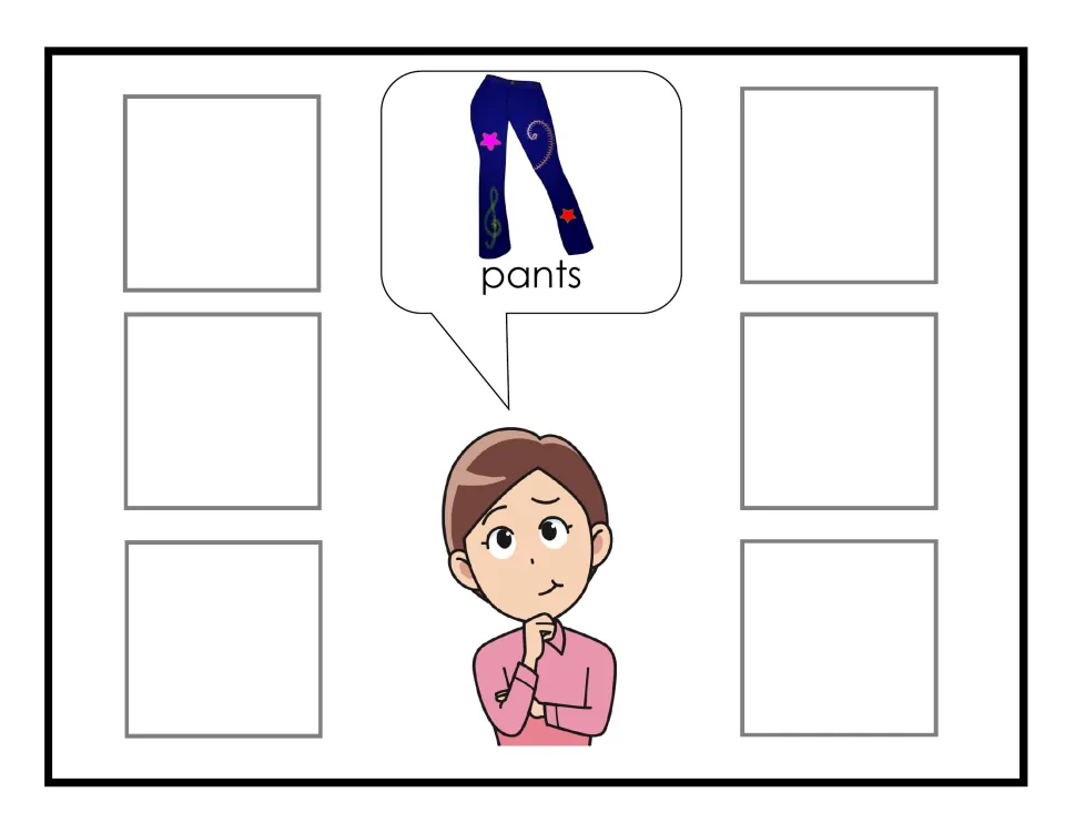 Pants request: Sophia asks for navy pants with star patches in a speech bubble; students find pictures to fill six spots