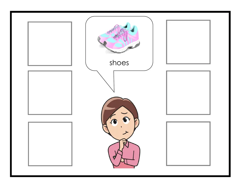 Shoes request: Sophia asks for pink and blue sneakers in a speech bubble; students find pictures to fill six spots