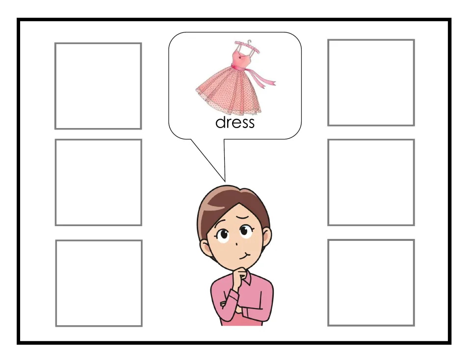 Dress request: Sophia asks for a pink dress on a hanger in a speech bubble; students find pictures to fill six spots