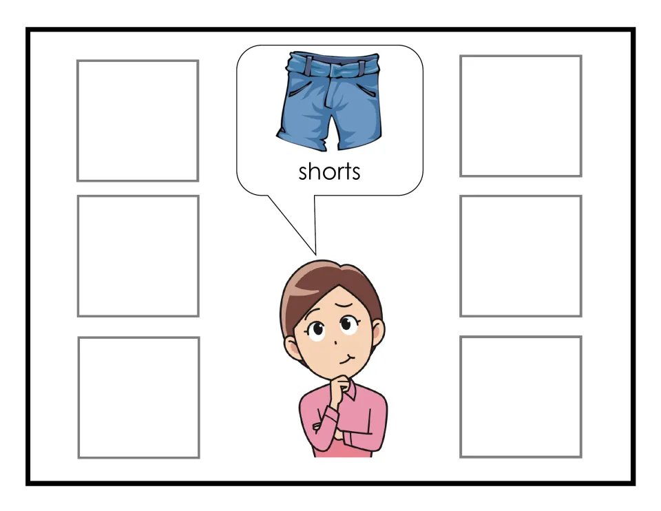 Shorts request: Sophia asks for blue denim shorts in a speech bubble; students find pictures to fill six spots
