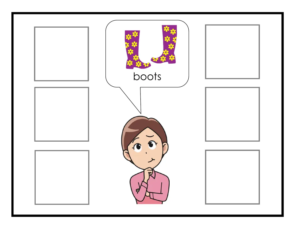 Boots request: Sophia asks for purple flowered rain boots in a speech bubble; students find pictures to fill six spots