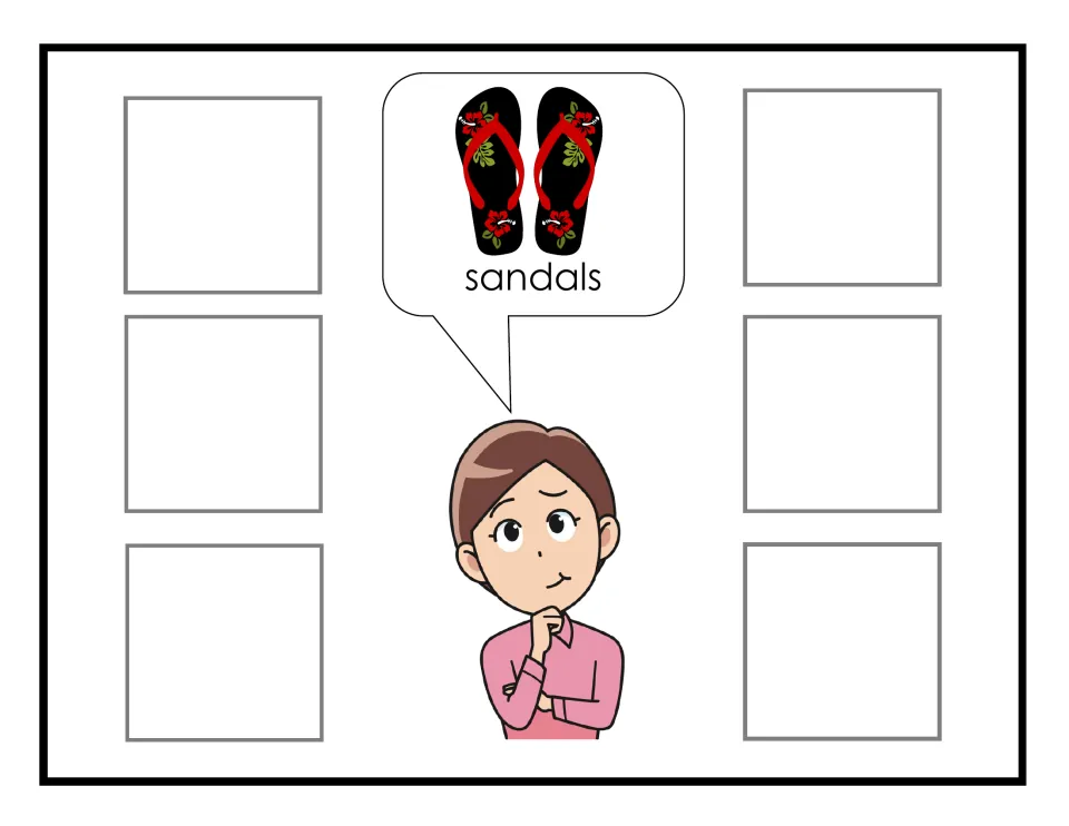 Sandals request: Sophia asks for black flip-flop sandals in a speech bubble; students find pictures to fill six spots