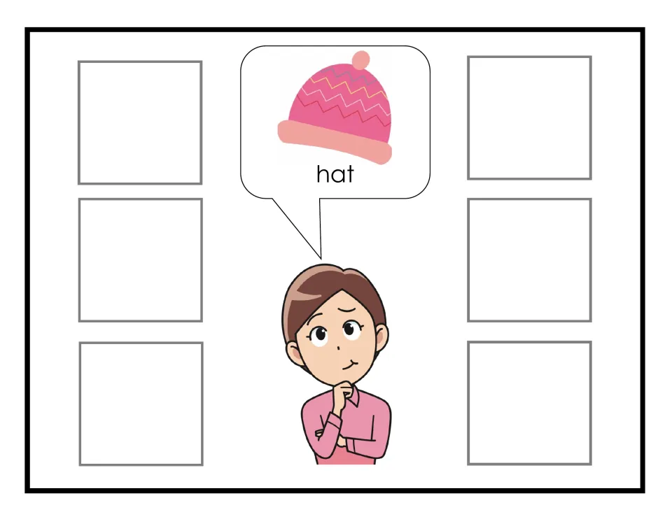 Hat request: Sophia asks for a pink knit winter hat in a speech bubble; students find pictures to fill six spots