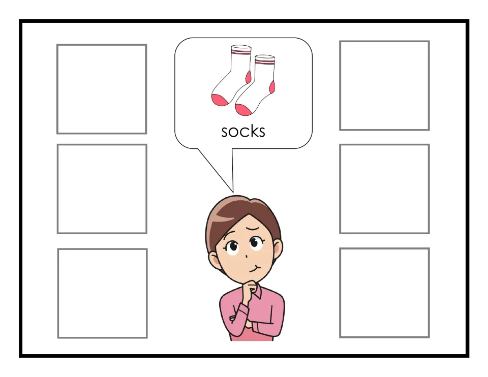 Socks request: Sophia asks for white socks with pink toes in a speech bubble; students find pictures to fill six spots