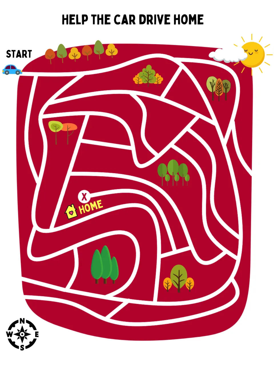 Road maze in color: students trace a path from the blue car at START to the X by HOME, past trees and a compass rose