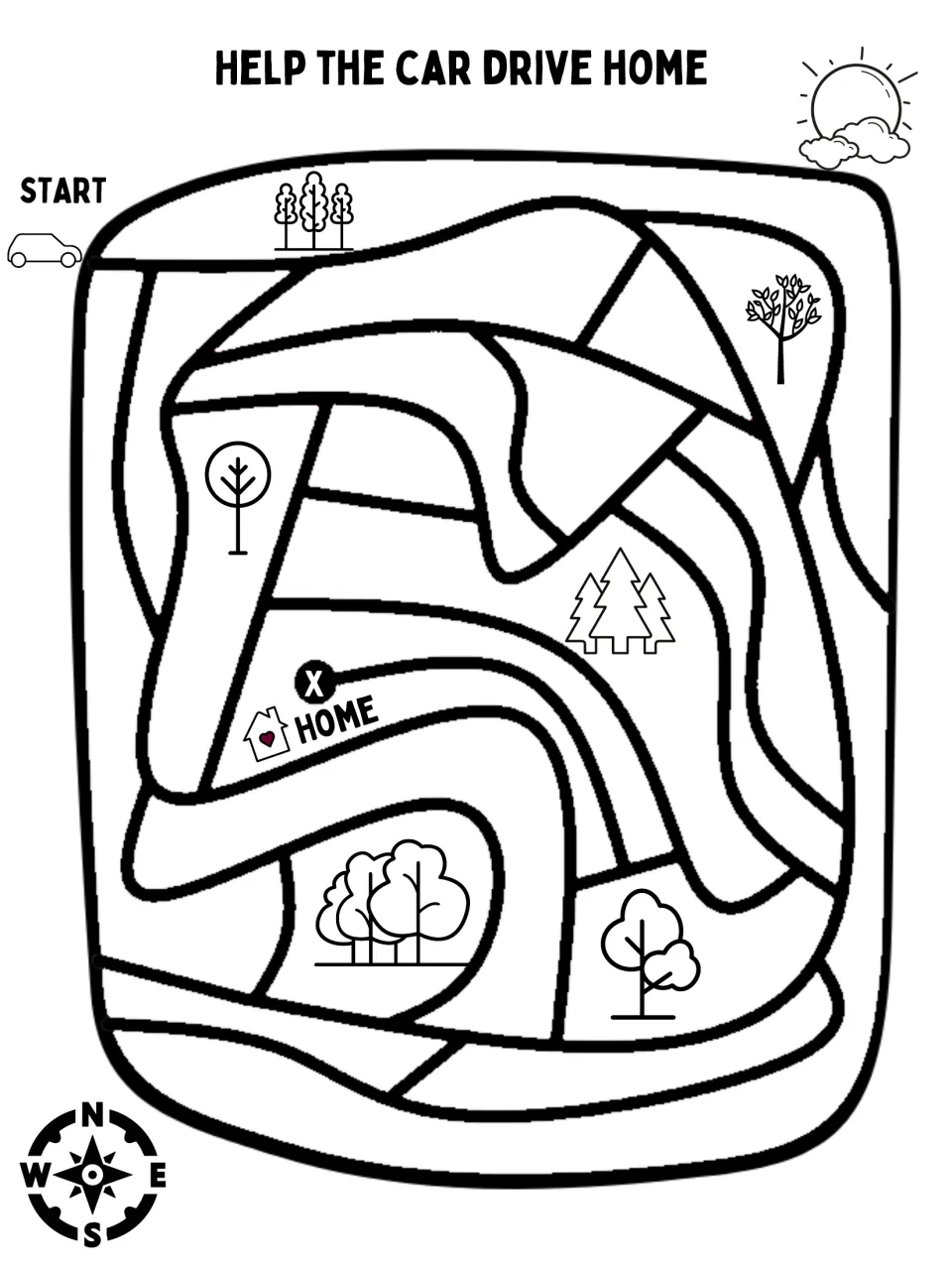 Black-and-white road maze: students find the route from the outline car at START to the X beside HOME, with line-art trees