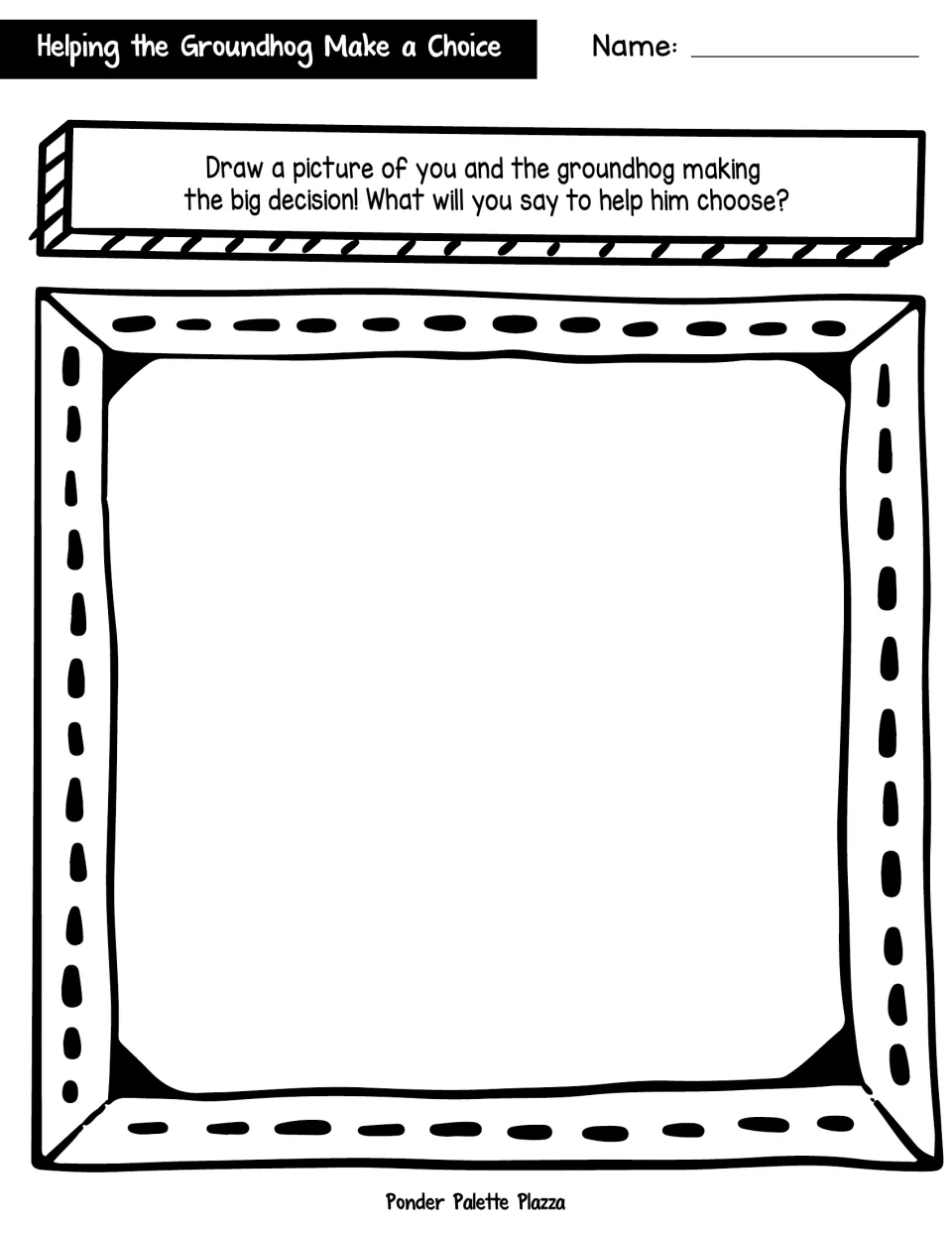 Groundhog decision drawing: students draw themselves with the groundhog and show what they would say to help him choose