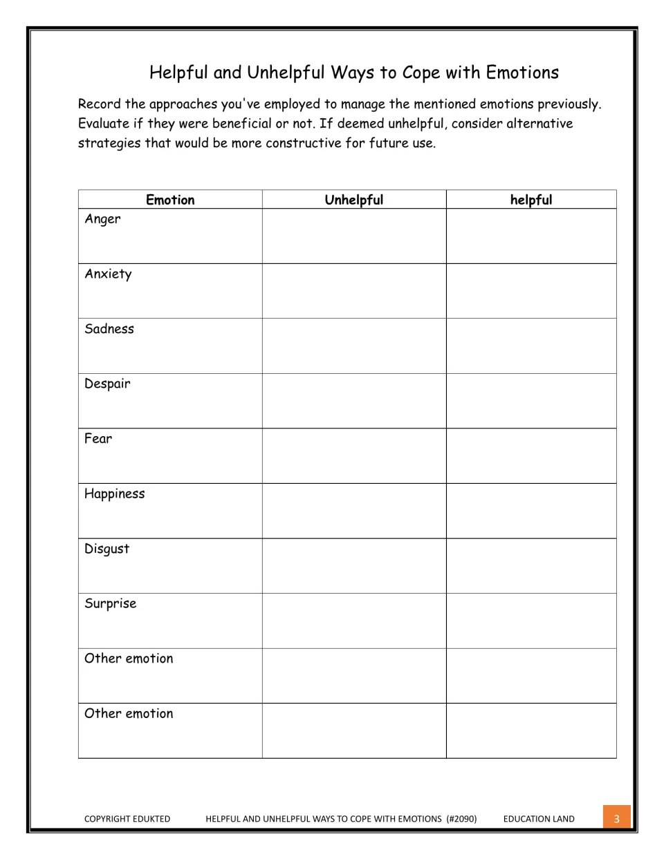 Coping reflection: students list unhelpful and helpful ways they handled anger, anxiety, sadness, fear, disgust and more