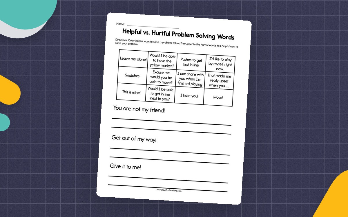 Helpful vs Hurtful Problem Solving Worksheet preview: Twelve-entry chart of words and actions