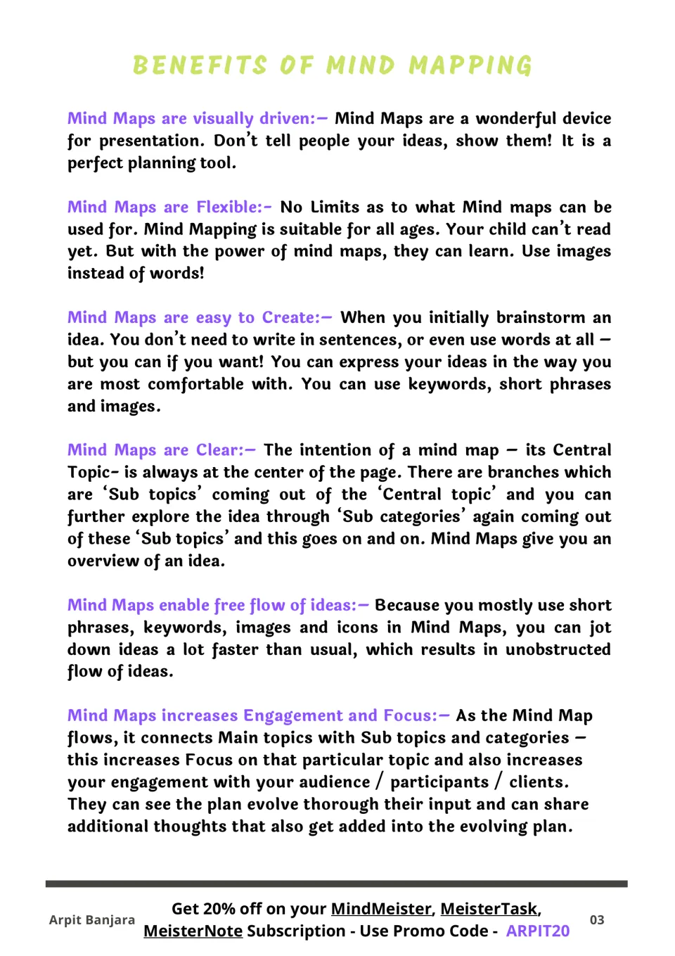 Benefits of mind mapping: six points explaining how maps are visual, flexible, easy to create, clear and aid focus