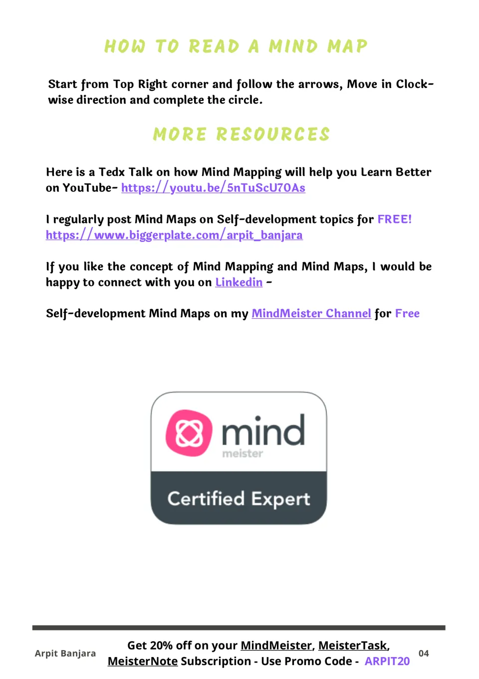How to read a mind map: start top right and move clockwise, followed by links to a TEDx talk and more free maps
