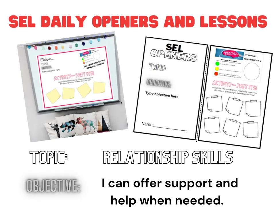 SEL resource cover for relationship skills with the objective 'I can offer support and help when needed.'