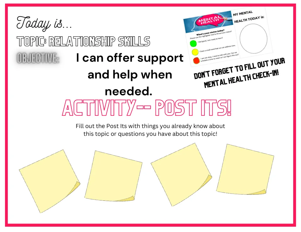 Daily SEL opener asks students to record what they know or wonder about offering support and helping others.