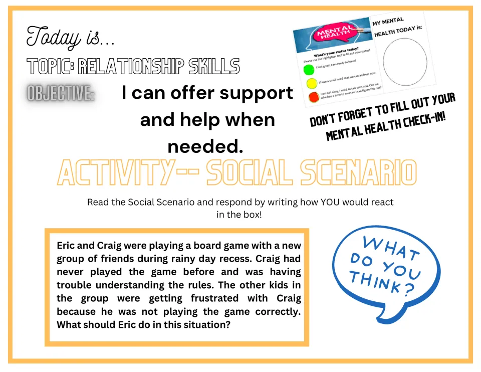 Daily SEL scenario asks how Eric should help Craig when friends get frustrated as Craig learns a board game.