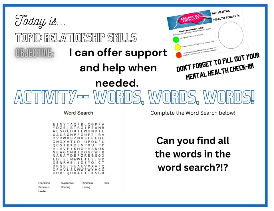 Daily SEL word search includes friendship, supportive, kindness, help, generous, sharing, loving, and leader.