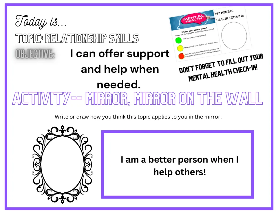 Daily SEL reflection asks students to write or draw about the statement 'I am a better person when I help others!'