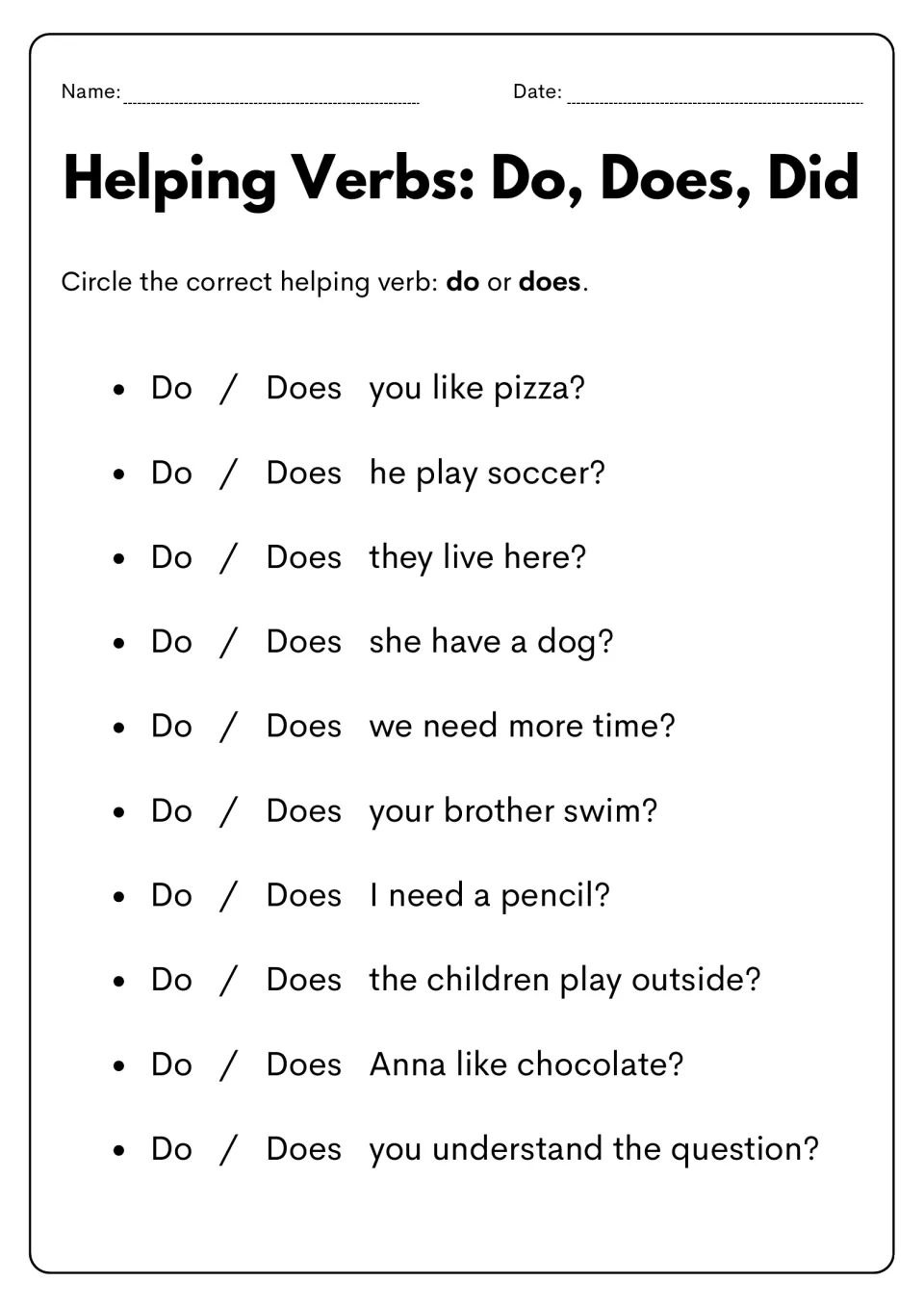 Helping verb practice: circle do or does in 10 questions, including 'Do / Does you like pizza?'