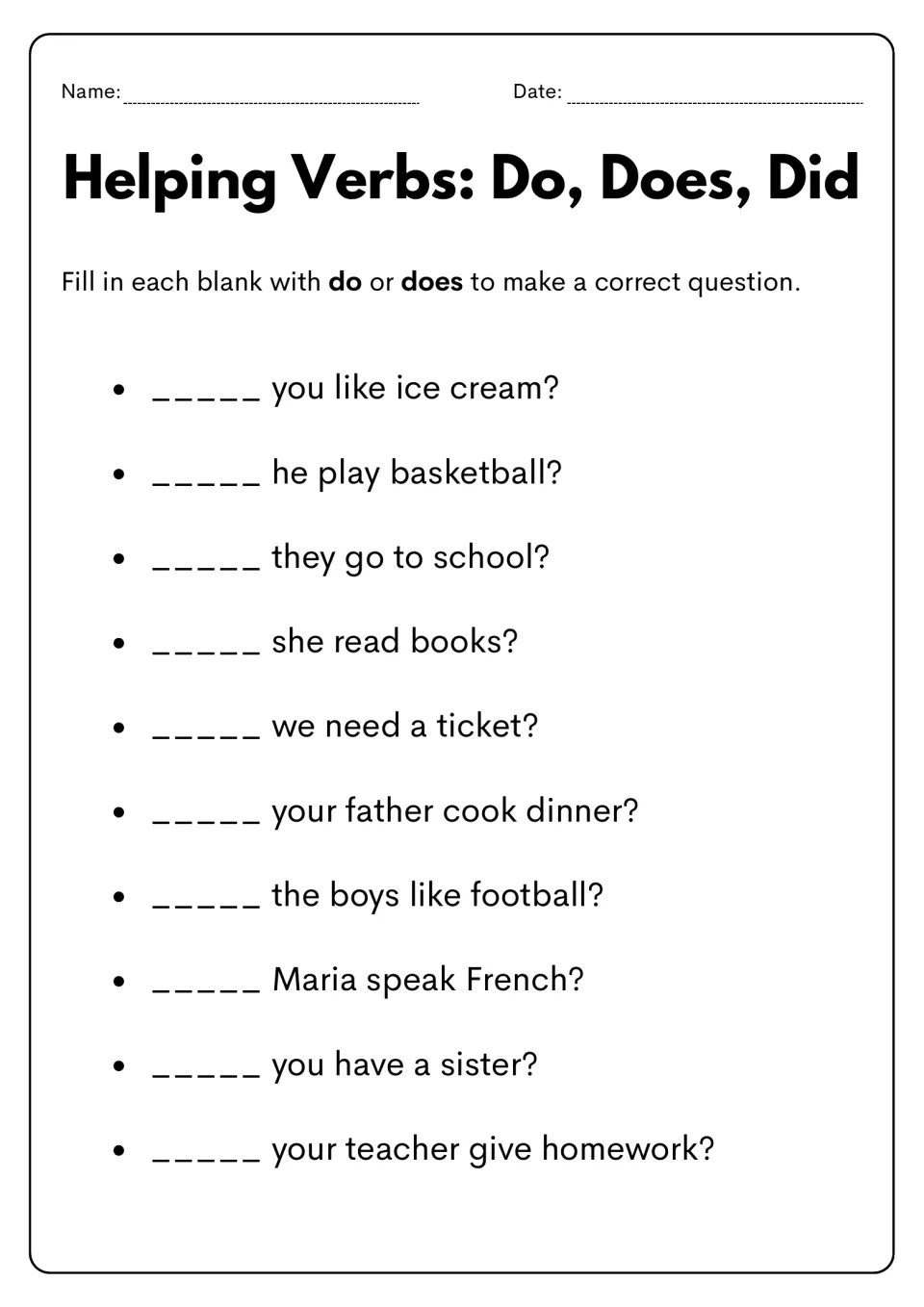 Question formation practice: fill 10 blanks with do or does, including '_____ you like ice cream?'
