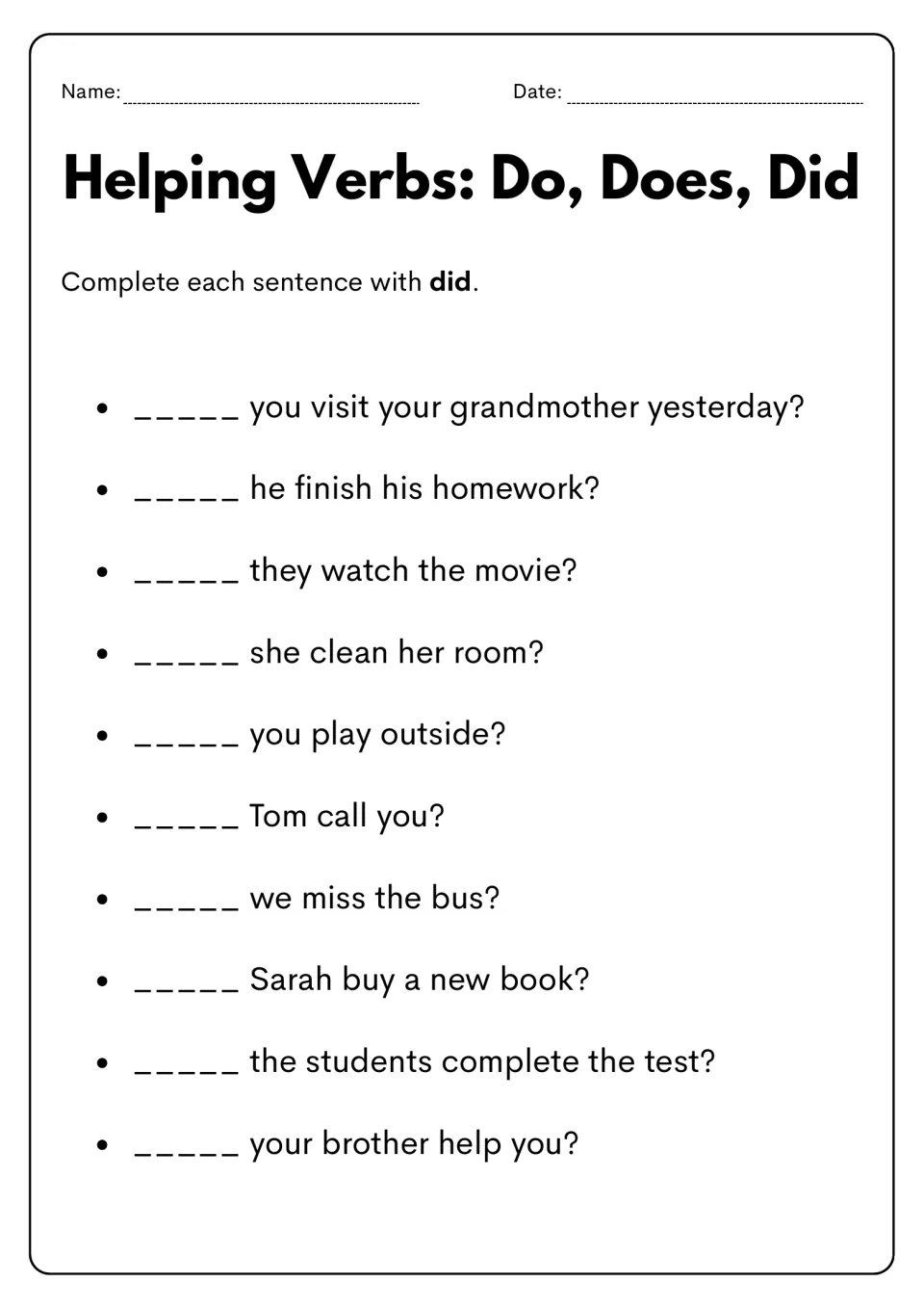 Past-tense question practice: add did to 10 questions about visiting a grandmother, homework, and more.