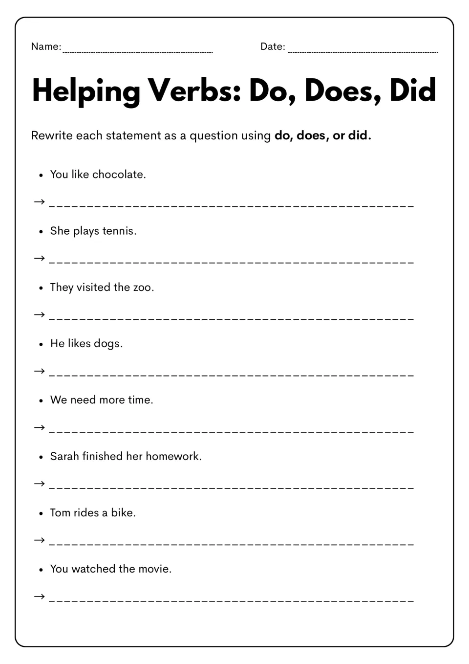 Question rewriting practice: turn eight statements into questions with do, does, or did, including zoo visits.