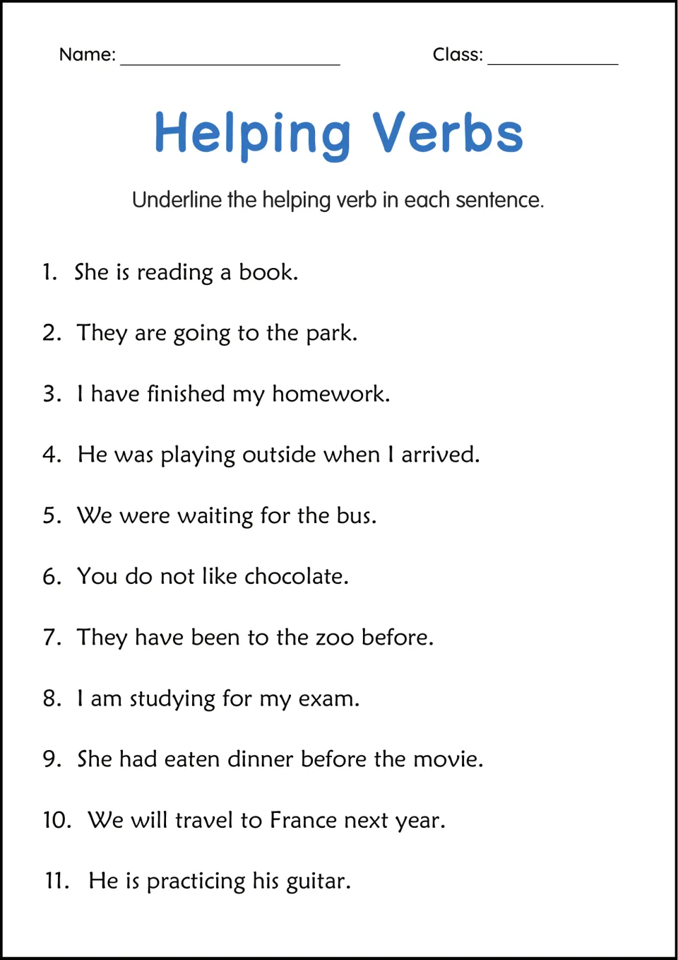 Helping verbs: students underline the helping verb in 11 sentences such as She is reading a book and We will travel