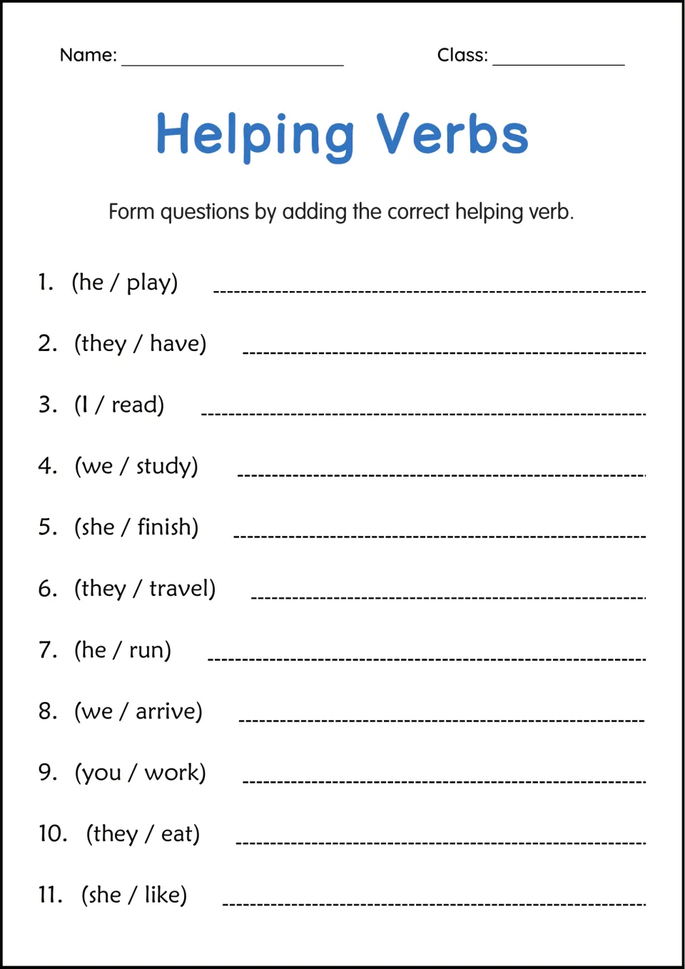 Question forming: students add a helping verb to 11 prompts such as he / play and they / travel to write questions