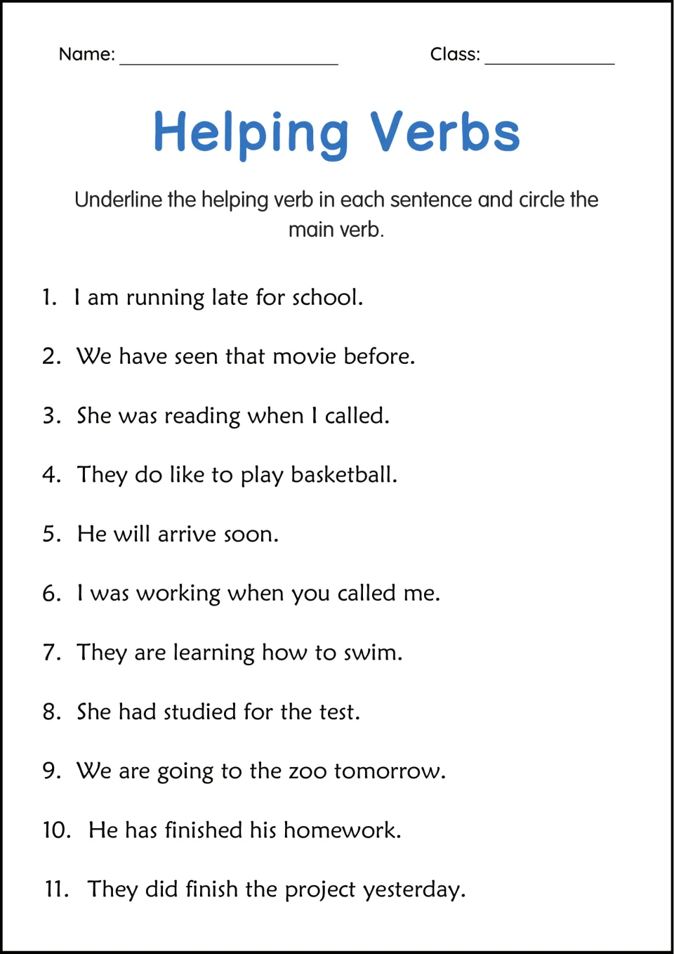 Helping and main verbs: students underline the helping verb and circle the main verb in each of 11 sentences