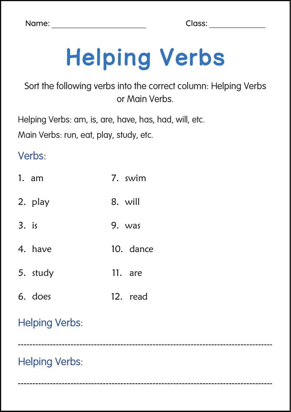 Sorting activity: students place 12 words such as am, play, will and dance under a helping or main verb heading