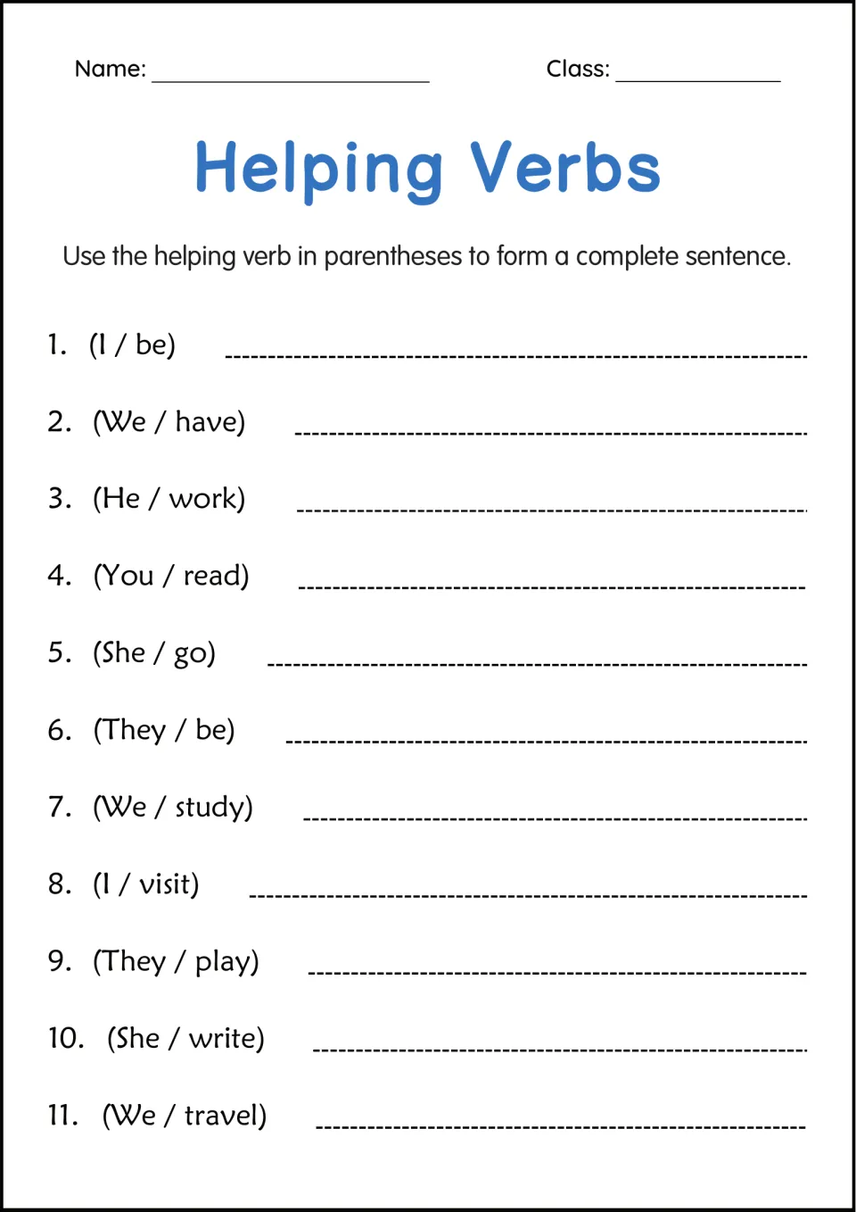 Sentence writing: students use 11 prompts such as I / be and She / write to form complete sentences with helping verbs