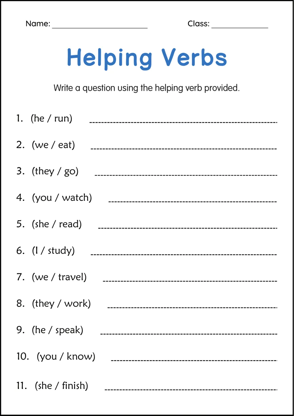 Writing questions: students write a question with a helping verb for 11 prompts like he / run and you / know