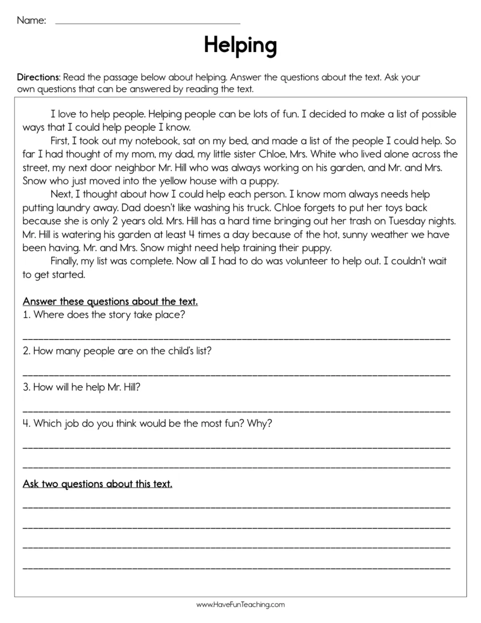 Helping reading passage: students read about a child's list of ways to help, answer 4 questions and write 2 of their own
