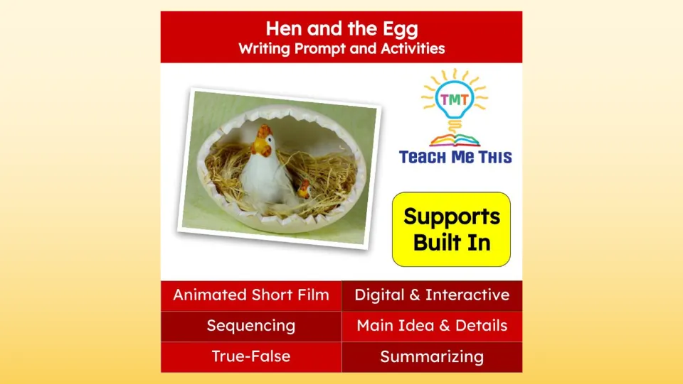 Hen and the Egg cover introduces an animated writing lesson with sequencing, true-false, and summarizing.